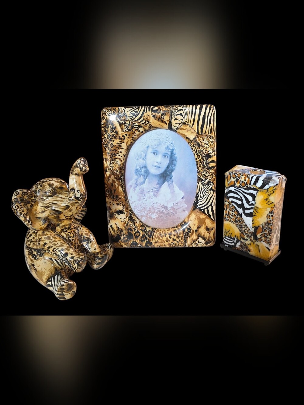 VTG La Vie Ceramic Safari Patchwork Collection Elephant Frame Candle Animal